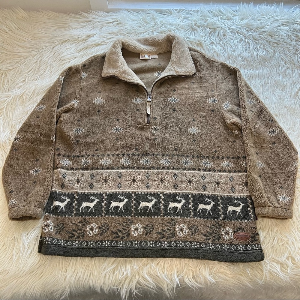 Vintage 90s Woolrich Fair Isle Deer Sherpa 1/4 Zip Pullover Jacket Women’s Sz L